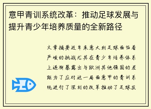 意甲青训系统改革：推动足球发展与提升青少年培养质量的全新路径