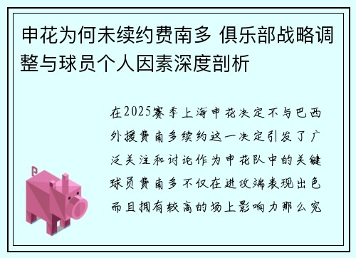 申花为何未续约费南多 俱乐部战略调整与球员个人因素深度剖析