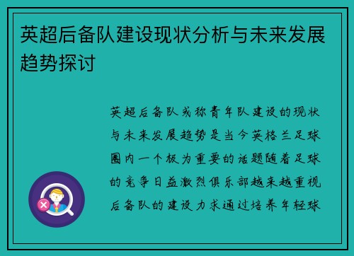 英超后备队建设现状分析与未来发展趋势探讨